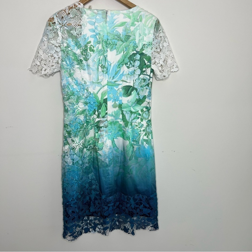 Elie Tahari Short-Sleeve Lace-Trim Ombre Organdy Dress, Green Pattern Size 4 - Picture 6 of 12